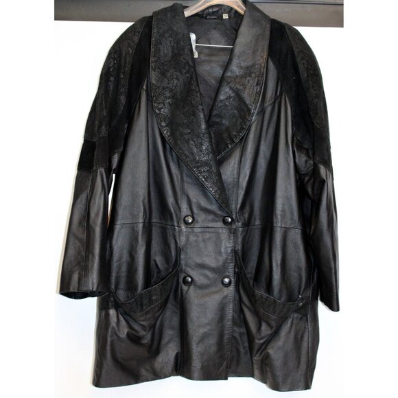Vtg 80s Preston & York Leather Coat sz XL BLack Embossed Paisley Suede Modern - Picture 1 of 16